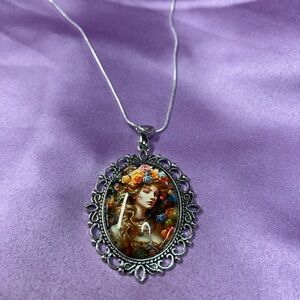 Silver-Tone Floral Portrait Pendant Necklace - Multicolor Accents